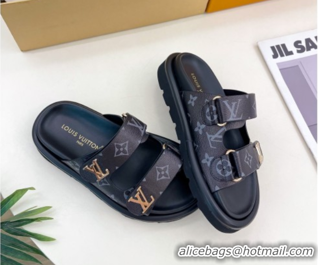 Stylish Louis Vuitton Comfort Slides Sandal in Monogram Canvas with LV Strap Black LV042202