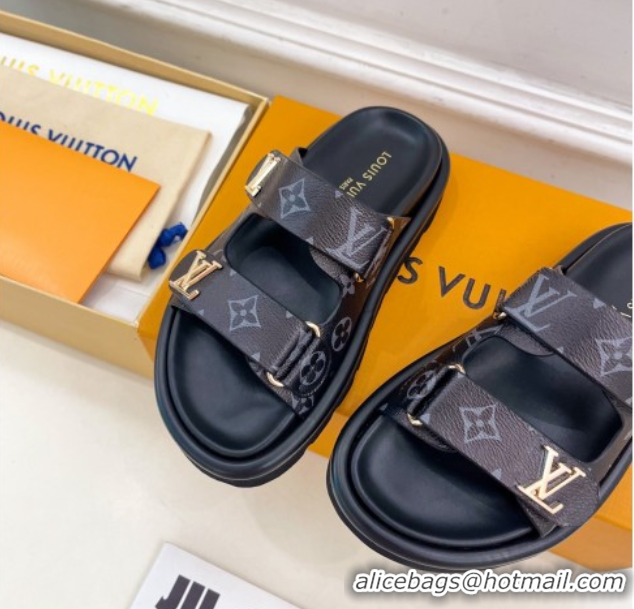 Stylish Louis Vuitton Comfort Slides Sandal in Monogram Canvas with LV Strap Black LV042202