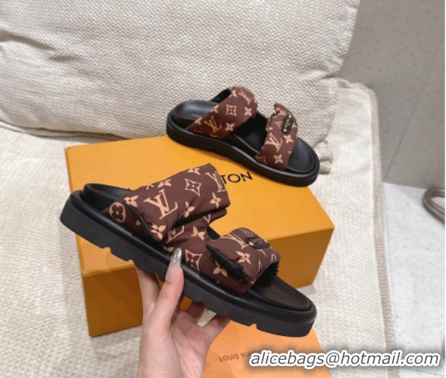 Shop Cheap Louis Vuitton Pool Pillow Flat Comfort Slides Sandal in Monogram Nylon Brown 2025 1AHMDV