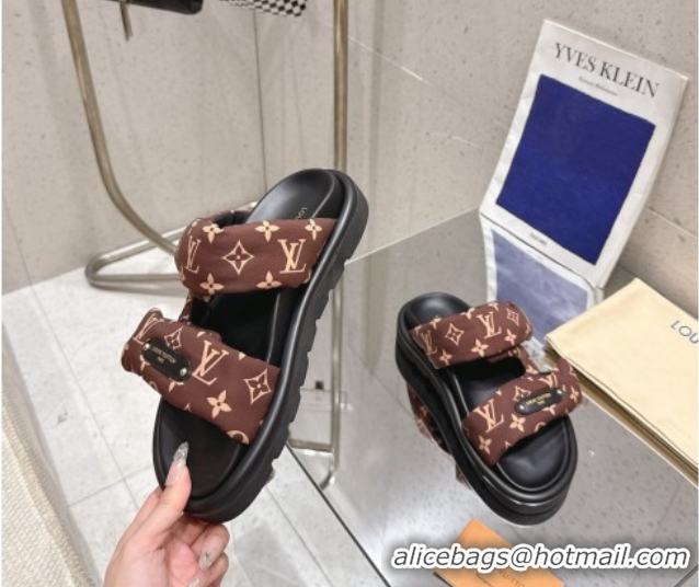 Shop Cheap Louis Vuitton Pool Pillow Flat Comfort Slides Sandal in Monogram Nylon Brown 2025 1AHMDV