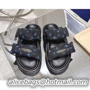 Grade Quality Louis Vuitton Pool Pillow Flat Comfort Slides Sandal in Monogram Nylon Black/Blue 2025 1AHMDV
