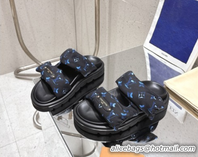 Grade Quality Louis Vuitton Pool Pillow Flat Comfort Slides Sandal in Monogram Nylon Black/Blue 2025 1AHMDV