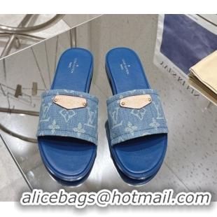 Luxury Cheap Louis Vuitton Lily Flat Slides Sandal in Monogram Denim Blue 2025 1AGX78