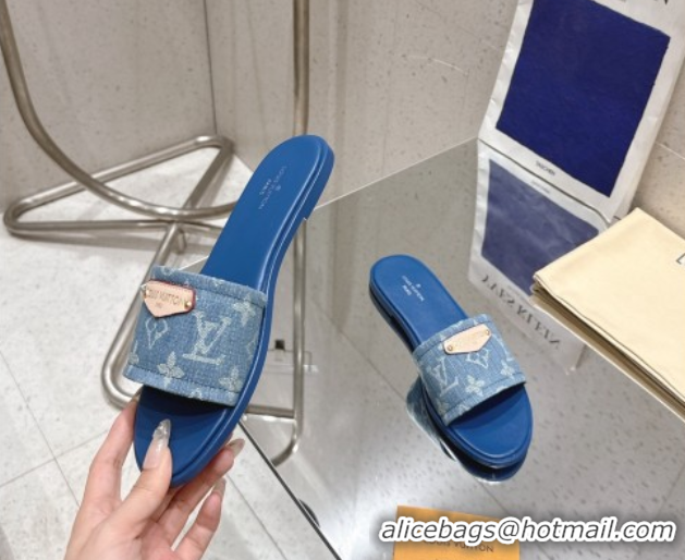 Luxury Cheap Louis Vuitton Lily Flat Slides Sandal in Monogram Denim Blue 2025 1AGX78