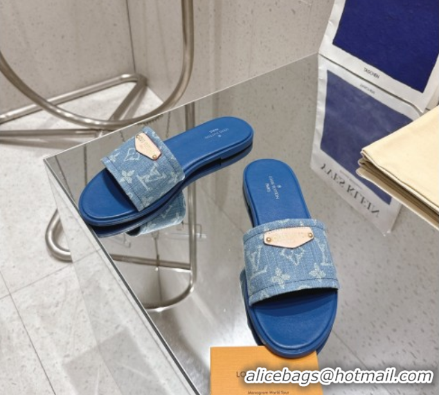 Luxury Cheap Louis Vuitton Lily Flat Slides Sandal in Monogram Denim Blue 2025 1AGX78
