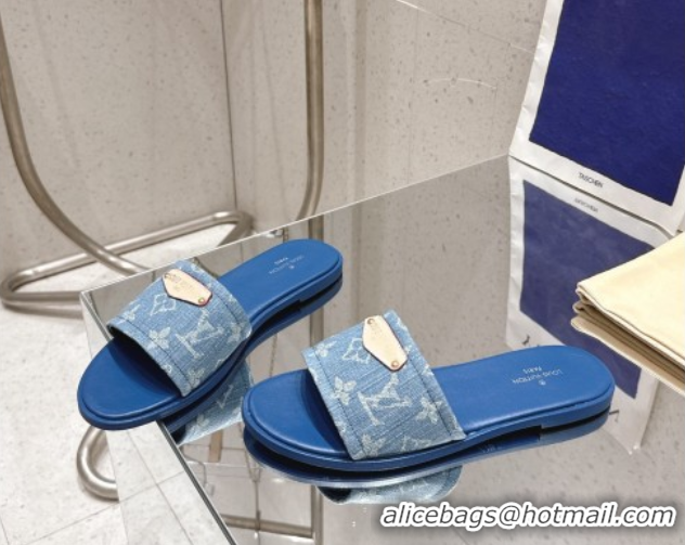 Luxury Cheap Louis Vuitton Lily Flat Slides Sandal in Monogram Denim Blue 2025 1AGX78