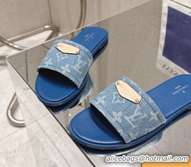 Luxury Cheap Louis Vuitton Lily Flat Slides Sandal in Monogram Denim Blue 2025 1AGX78