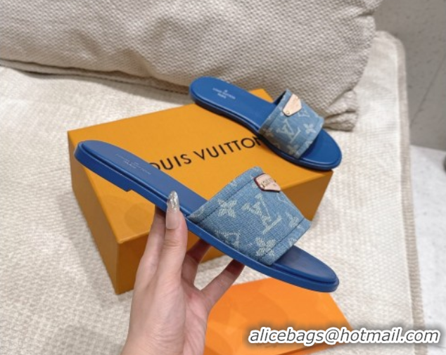 Luxury Cheap Louis Vuitton Lily Flat Slides Sandal in Monogram Denim Blue 2025 1AGX78