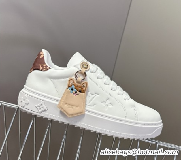 Top Design Louis Vuitton Time Out Sneakers in White Leather with Key Bell Animal 2025 LV042203