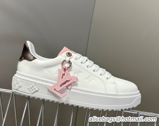 Cheap Price Louis Vuitton Time Out Sneakers in Leather with LV Tag White/Pink 2025 LV042203