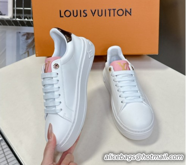 Cheap Price Louis Vuitton Time Out Sneakers in Leather with LV Tag White/Pink 2025 LV042203