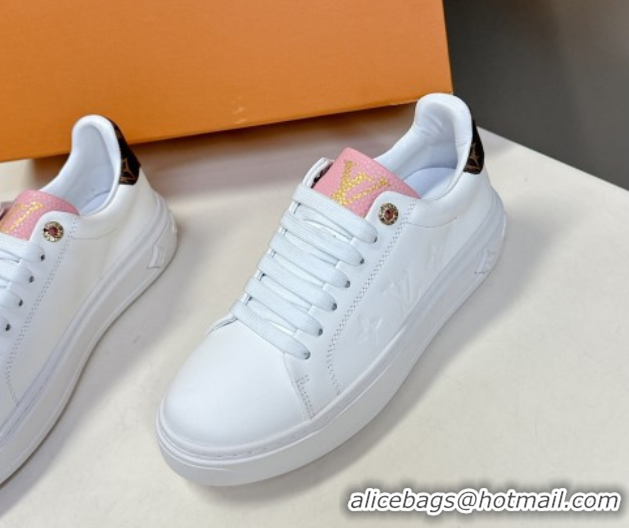 Cheap Price Louis Vuitton Time Out Sneakers in Leather with LV Tag White/Pink 2025 LV042203