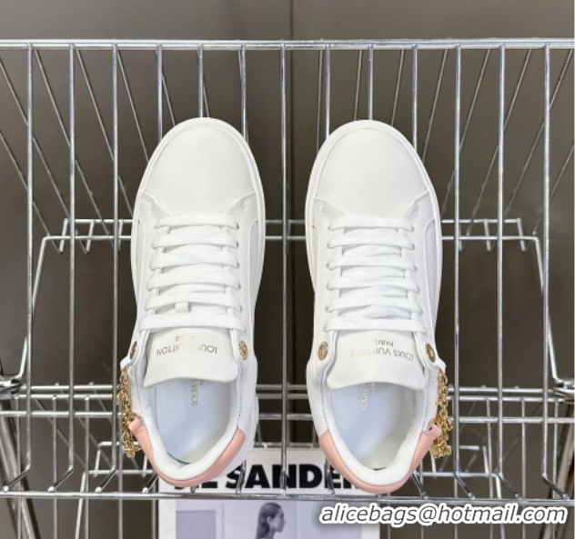 Shop Duplicate Louis Vuitton Time Out Sneakers in White Leather with Chain Charm 2025 LV042203