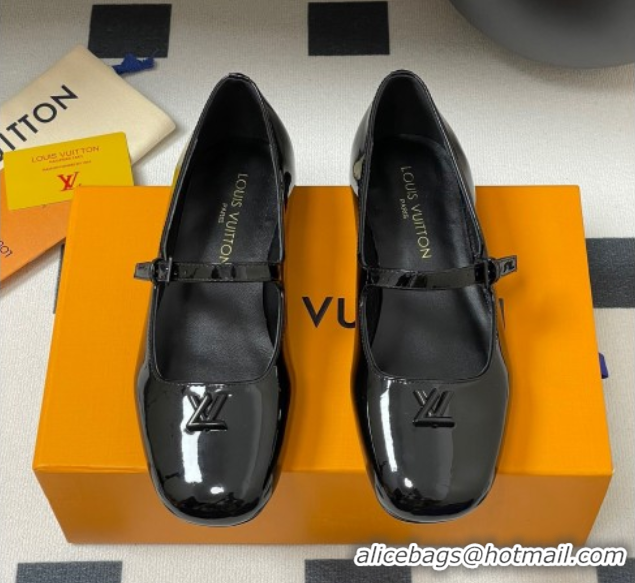 Duplicate Louis Vuitton Swing Flat Mary Jane Ballerinas in Patent Leather Black 2025 1AGUO5