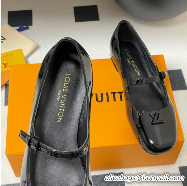 Duplicate Louis Vuitton Swing Flat Mary Jane Ballerinas in Patent Leather Black 2025 1AGUO5