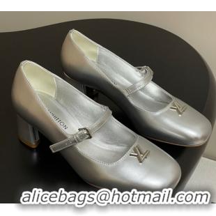 Best Grade Louis Vuitton Swing Mary Janes Pumps 5.5cm in Calf Leather Silver 2025 1AGUO5