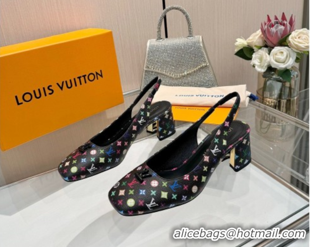 Low Cost Louis Vuitton LV x TM Swing Slingback Pump 5.5cm in Multicolor Monogram Canvas Black 2025 1AGTY9