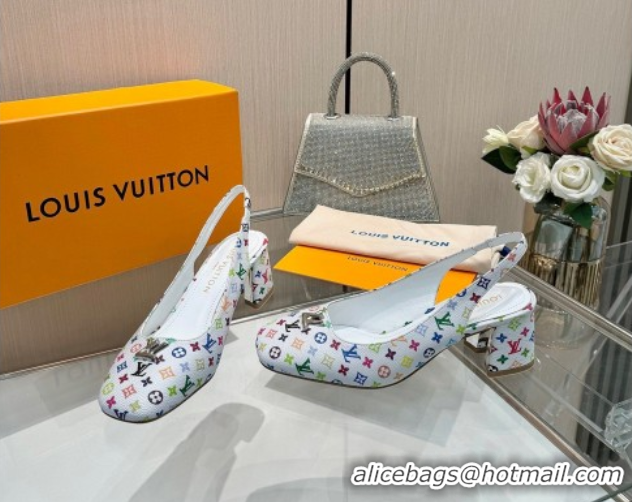 Sumptuous Louis Vuitton LV x TM Swing Slingback Pump 5.5cm in Multicolor Monogram Canvas White 2025 1AGTY9