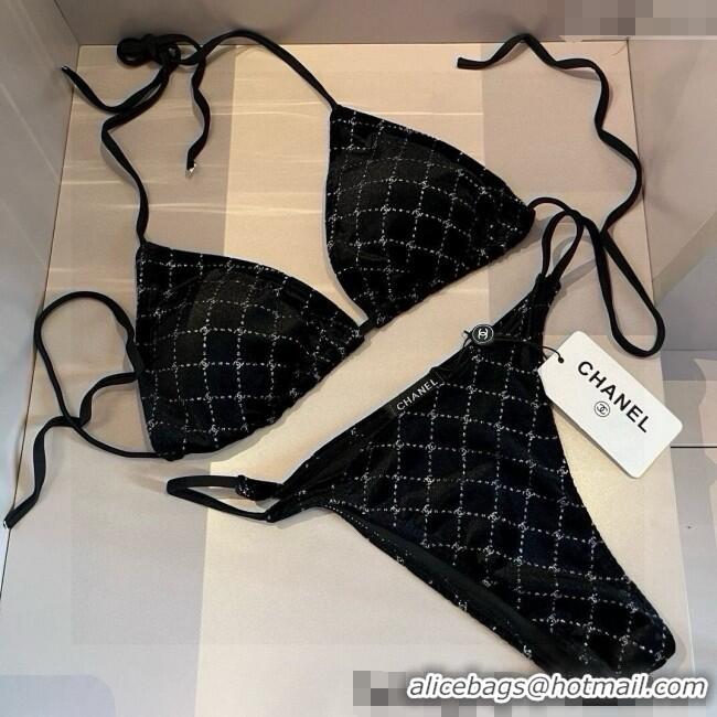 ​Unique Style Chanel Quilted Corduroy Two-Pieces Swimwear 0513 Black 2025