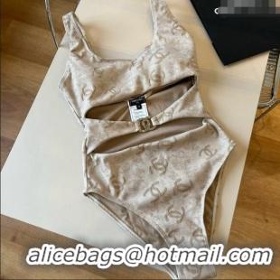 Luxury Cheap Chanel CC One-Piece Swimwear 0513 Beige 2025