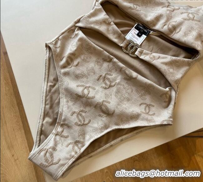 Luxury Cheap Chanel CC One-Piece Swimwear 0513 Beige 2025