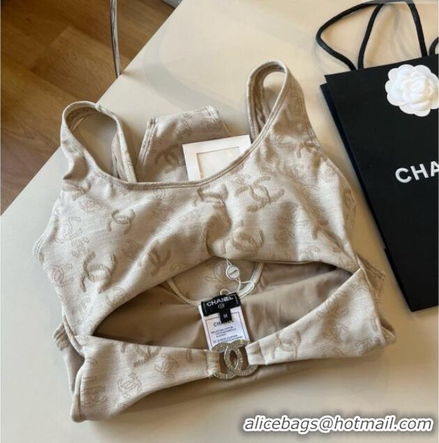 Luxury Cheap Chanel CC One-Piece Swimwear 0513 Beige 2025