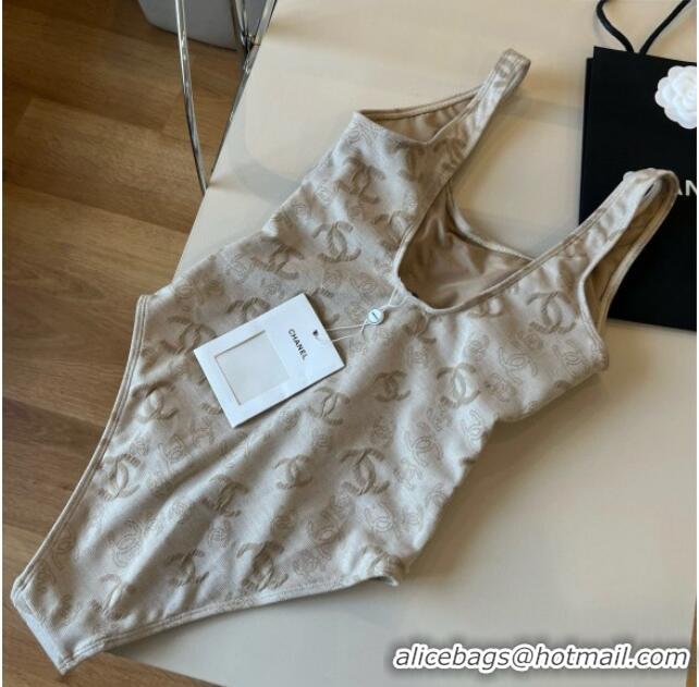 Luxury Cheap Chanel CC One-Piece Swimwear 0513 Beige 2025