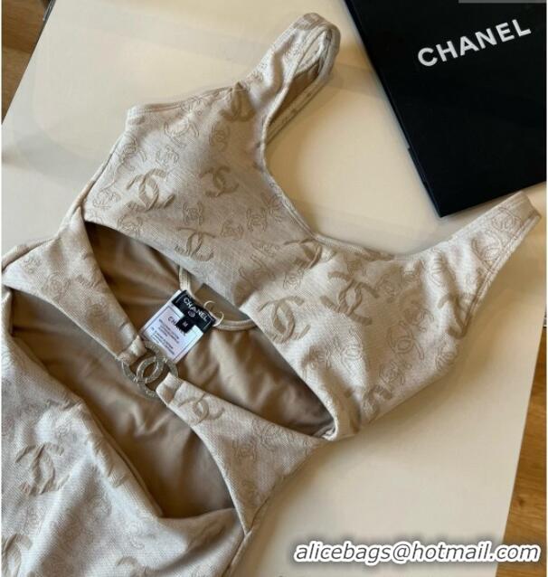 Luxury Cheap Chanel CC One-Piece Swimwear 0513 Beige 2025