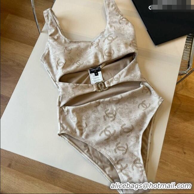Luxury Cheap Chanel CC One-Piece Swimwear 0513 Beige 2025
