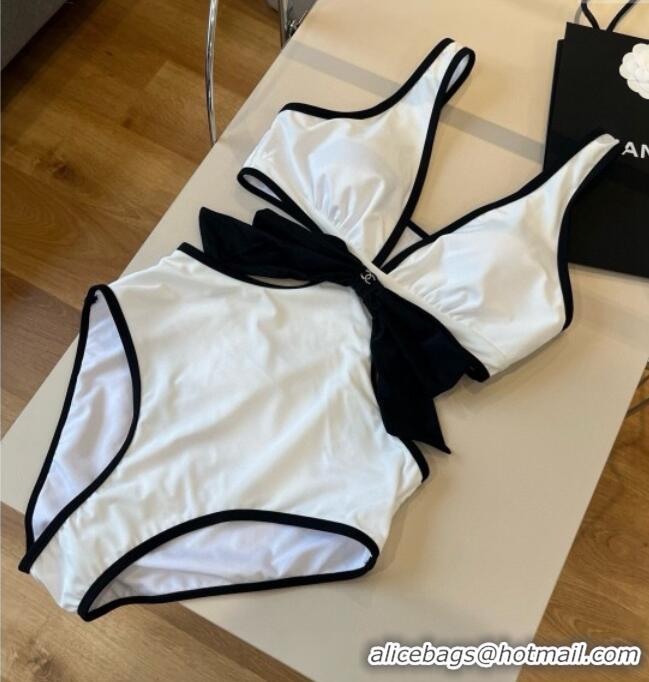 Luxury Cheap Chanel Cutout One-Piece Swimwear with Bow 3091 White 2025