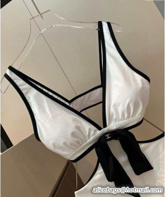 Luxury Cheap Chanel Cutout One-Piece Swimwear with Bow 3091 White 2025