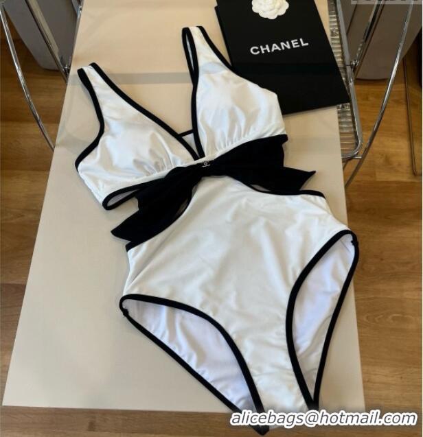 Luxury Cheap Chanel Cutout One-Piece Swimwear with Bow 3091 White 2025