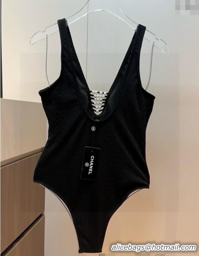 Shop Discount Chanel Pearls One-Piece Swimwear 0513 Black 2025