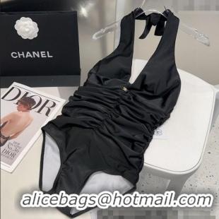 Buy Fashionable Chanel Pleated One-Piece Swimwear 0513 Black 2025