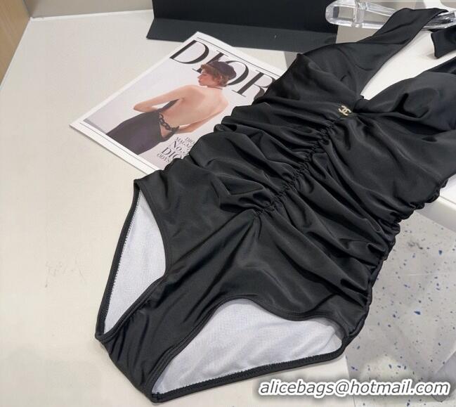 Buy Fashionable Chanel Pleated One-Piece Swimwear 0513 Black 2025