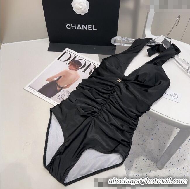 Buy Fashionable Chanel Pleated One-Piece Swimwear 0513 Black 2025