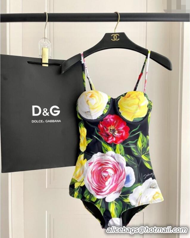 ​Buy Cheap Dolce & Gabbana Flower One-Piece Swimwear 0513 Black/Multicolor 2025