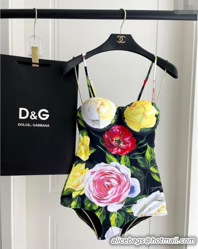 ​Buy Cheap Dolce & Gabbana Flower One-Piece Swimwear 0513 Black/Multicolor 2025