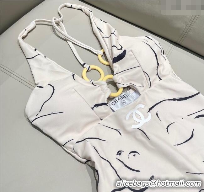 Top Grade Chanel Printed One-Piece Swimwear 0513 Light Beige 2025