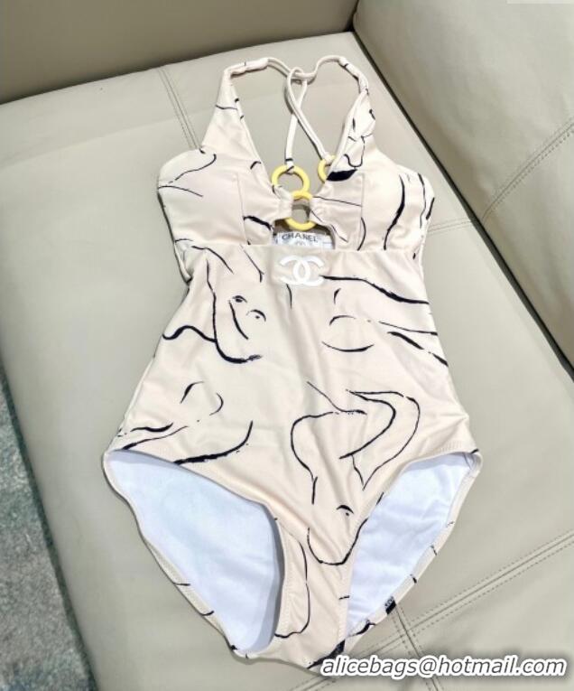 Top Grade Chanel Printed One-Piece Swimwear 0513 Light Beige 2025