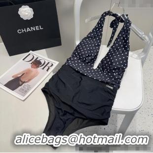 ​Luxury Cheap Chanel Dotted One-Piece Swimwear 0513 Black 2025