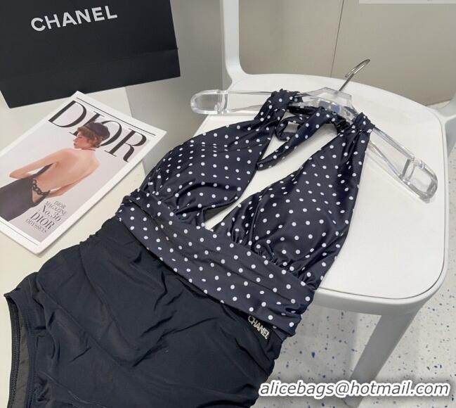 ​Luxury Cheap Chanel Dotted One-Piece Swimwear 0513 Black 2025