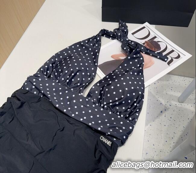 ​Luxury Cheap Chanel Dotted One-Piece Swimwear 0513 Black 2025