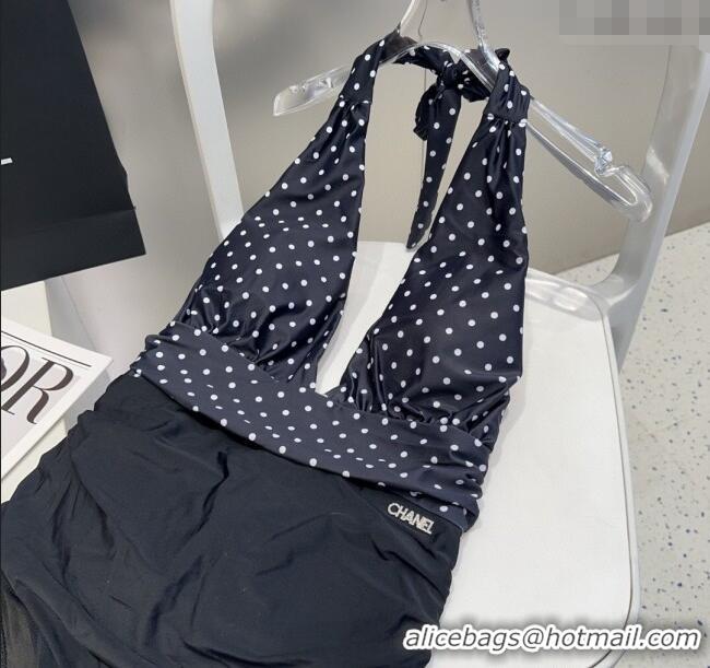 ​Luxury Cheap Chanel Dotted One-Piece Swimwear 0513 Black 2025