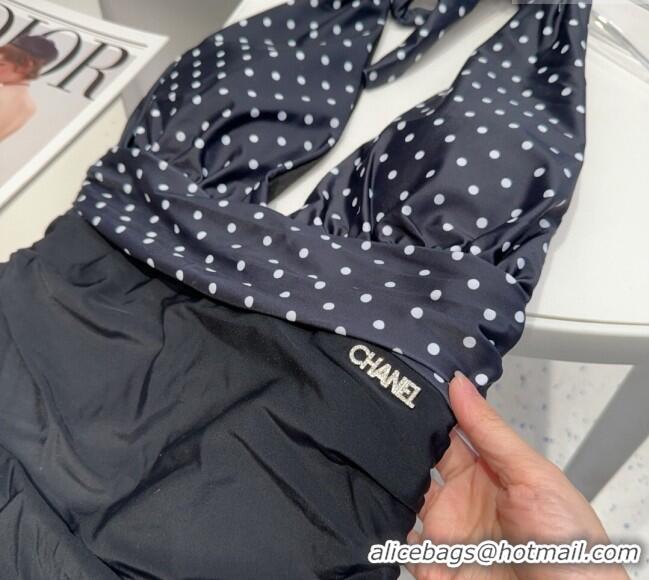 ​Luxury Cheap Chanel Dotted One-Piece Swimwear 0513 Black 2025