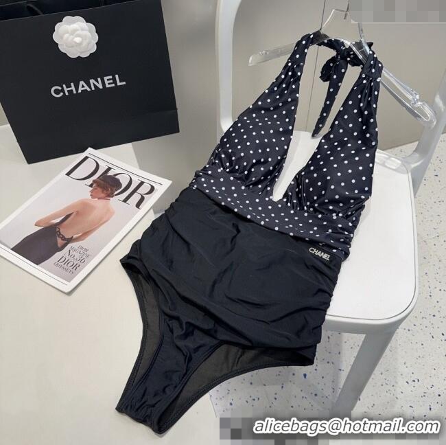 ​Luxury Cheap Chanel Dotted One-Piece Swimwear 0513 Black 2025