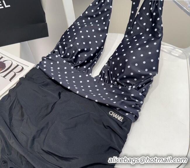 ​Luxury Cheap Chanel Dotted One-Piece Swimwear 0513 Black 2025
