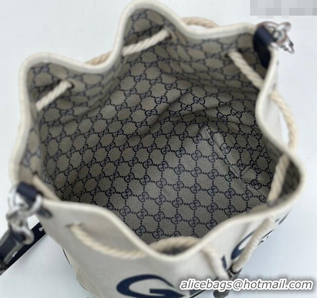 Best Grade Gucci Canvas Small Bucket bag with GUCCI Print 772856 Beige/Blue 2024