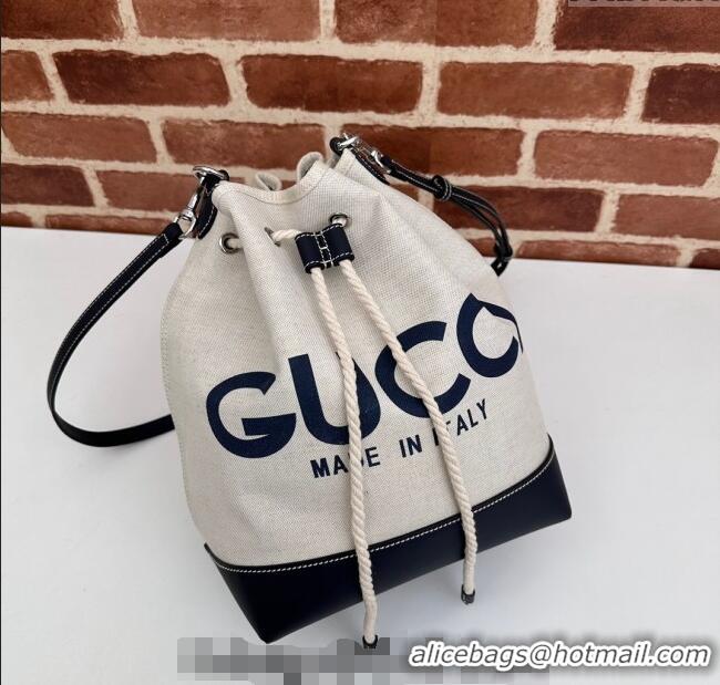 Best Grade Gucci Canvas Small Bucket bag with GUCCI Print 772856 Beige/Blue 2024