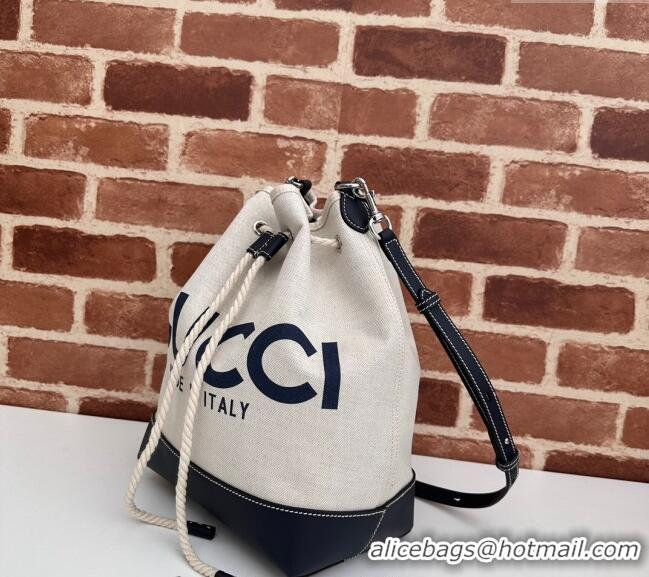 Best Grade Gucci Canvas Small Bucket bag with GUCCI Print 772856 Beige/Blue 2024